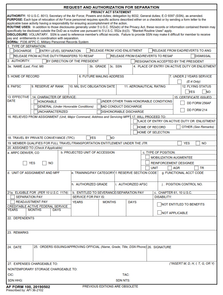 Af Form 100 Request And Authorization For Separation