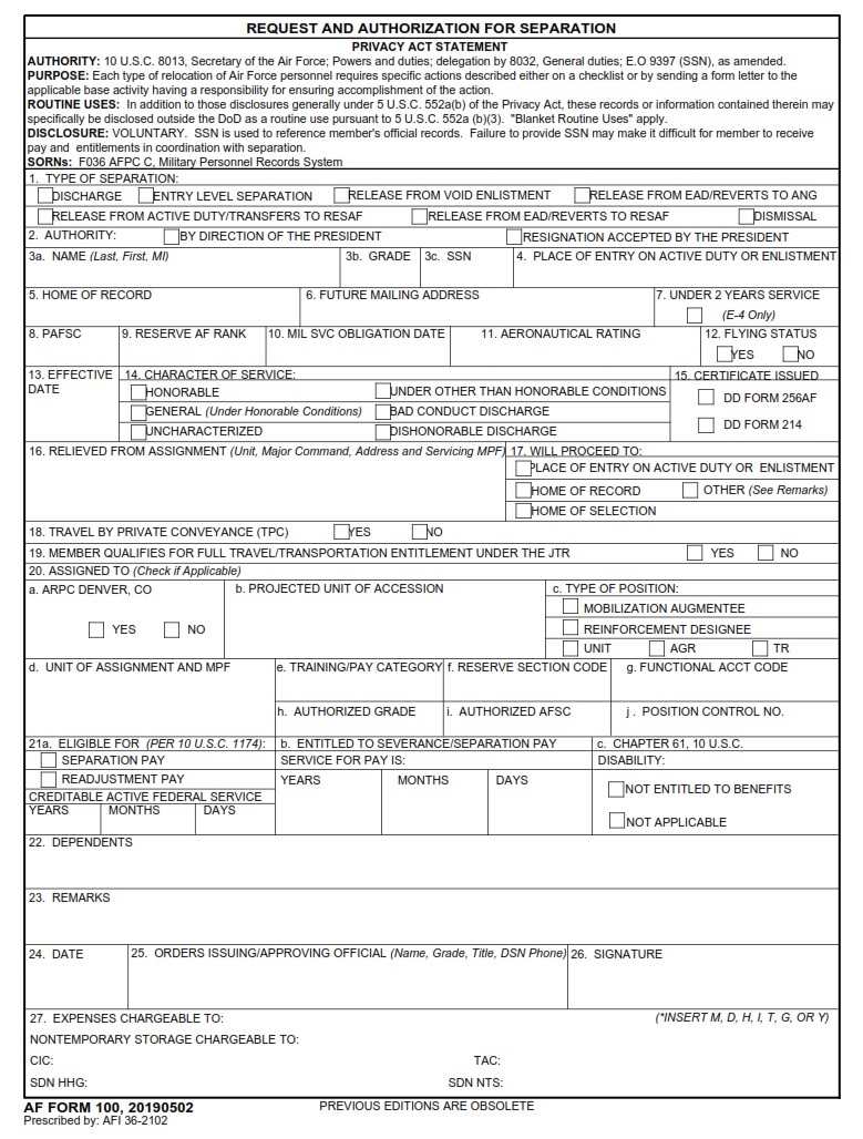 AF Form 100 Request And Authorization For Separation