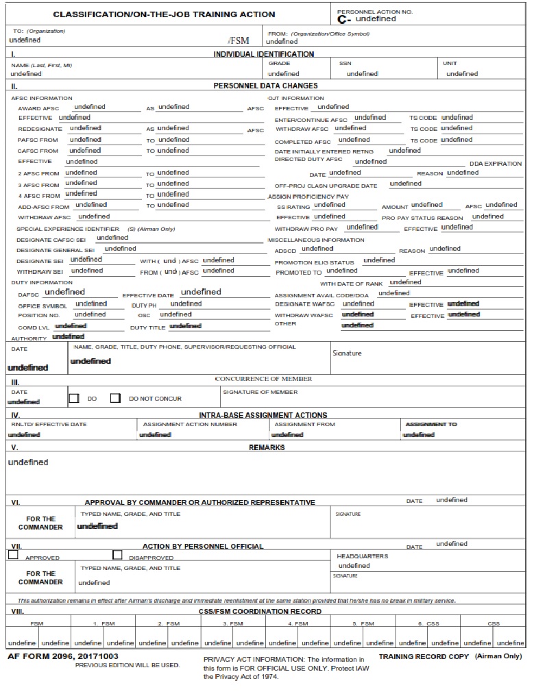 AF Form 2096 Classification On The Job Training Action