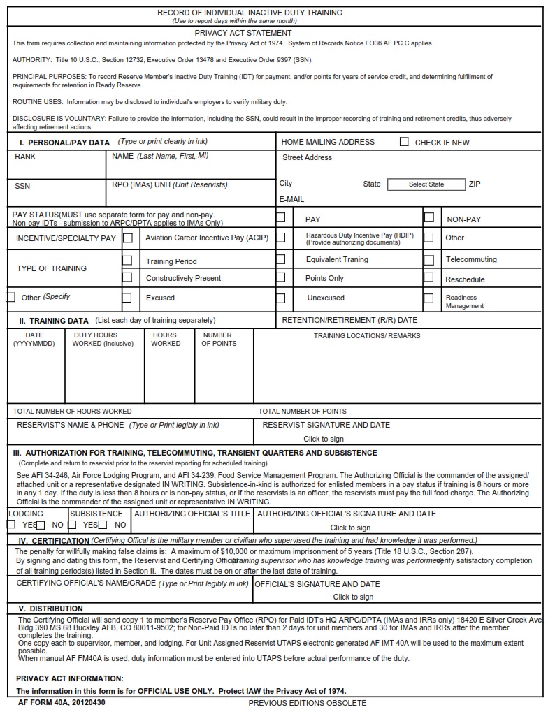 AF Form 40a Record Of Individual Inactive Duty Training