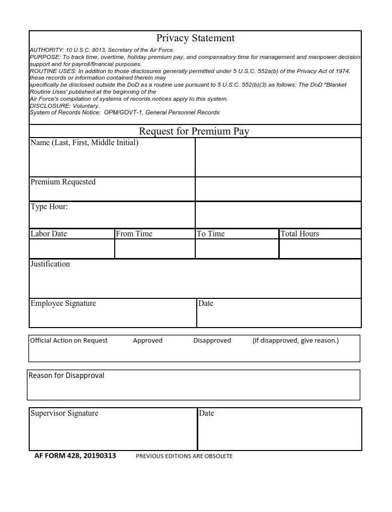 AF Form 428 Request For Premium Pay