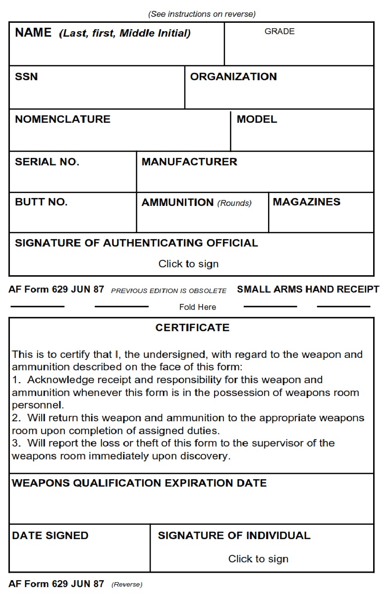 AF Form 629 Small Arms Hand Receipt