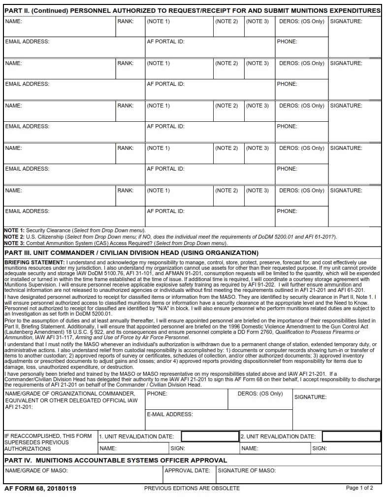 AF Form 68 Munitions Authorization Record